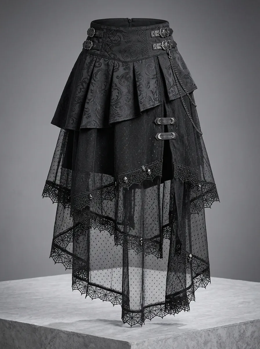 Noir Spiderweb Lace Punk Night Look Women's Gothic High-Low Skirt