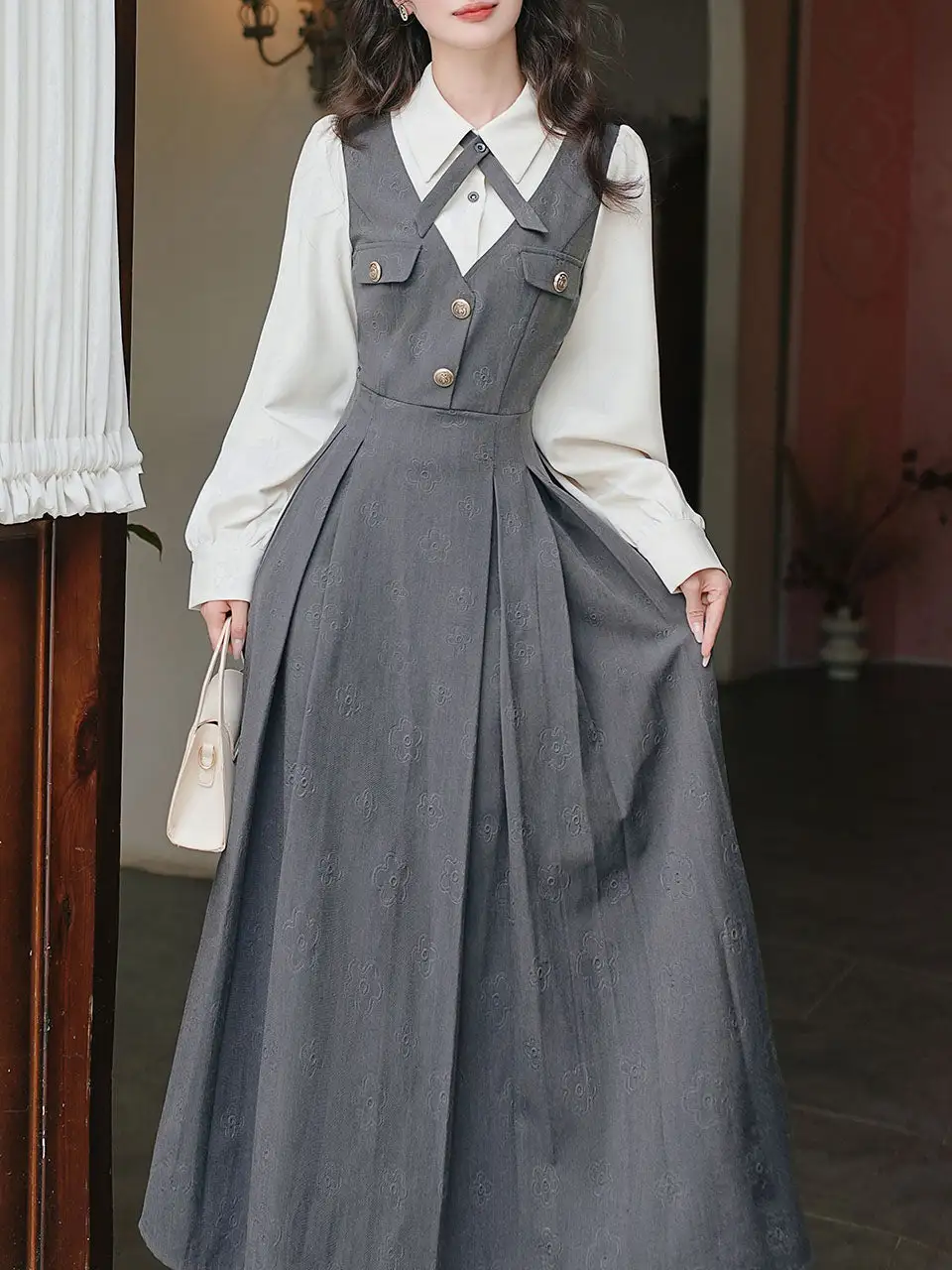 Bow V Neck Shirt Maxi Dress