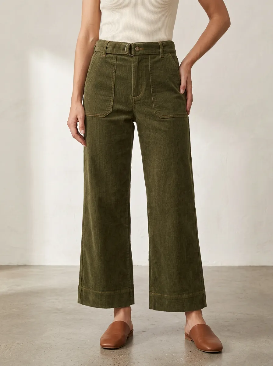Women's Olive Green High-Waisted Wide Leg Corduroy Pants