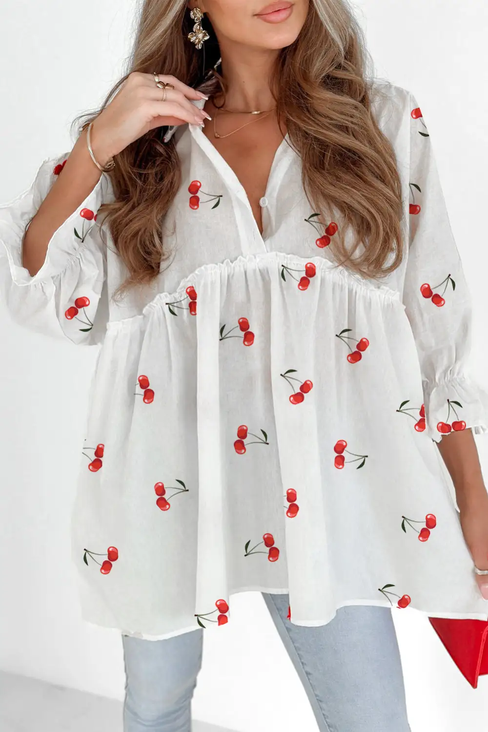 White Cherry Print Flounce Sleeve Collared Frilled Babydoll Blouse