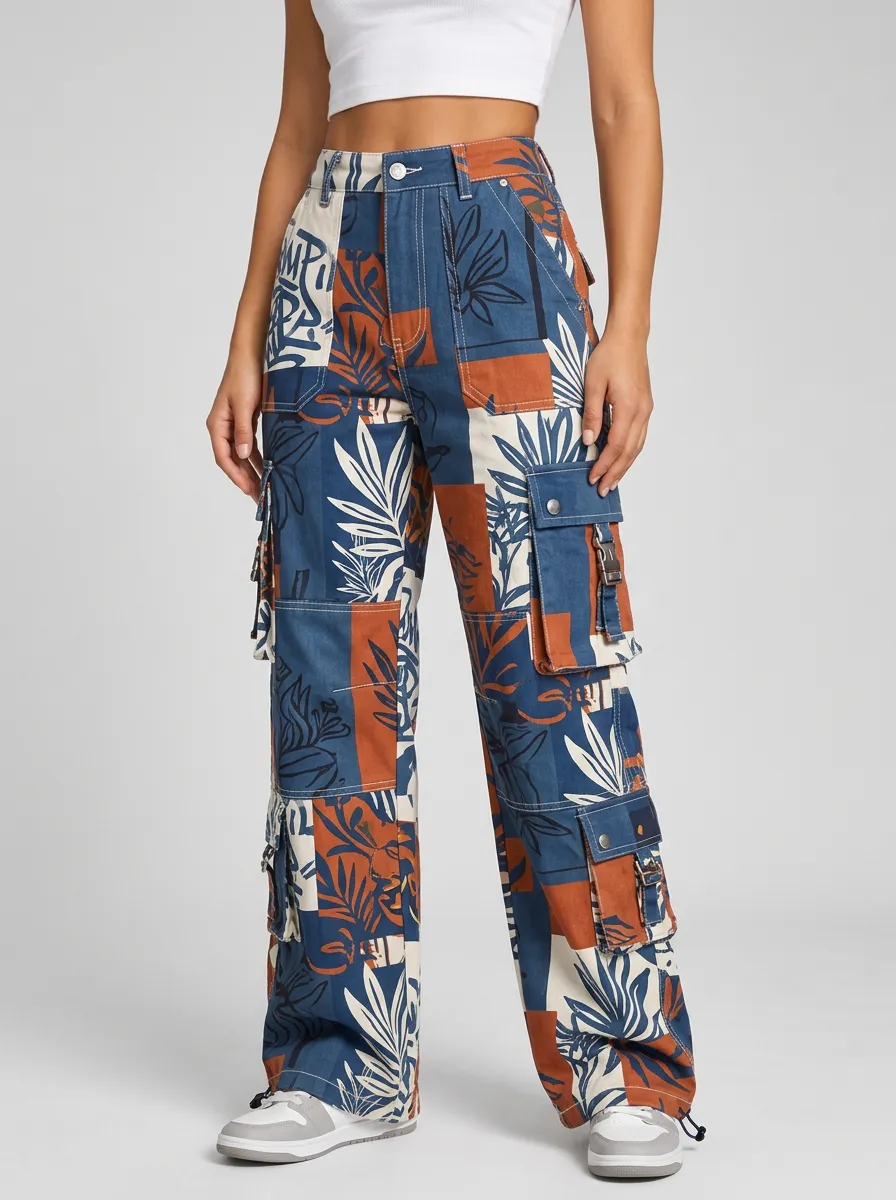 Women's Streetwear Botanical Patchwork Printed Cargo Pants