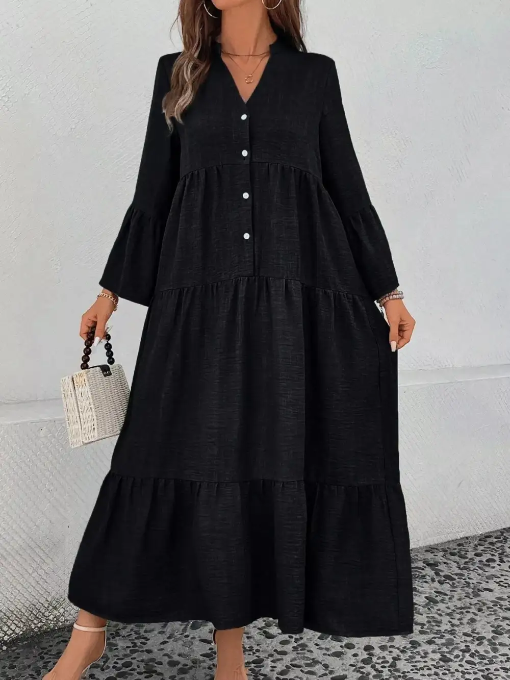 Button Front Ruffle Tiered Dress Casual