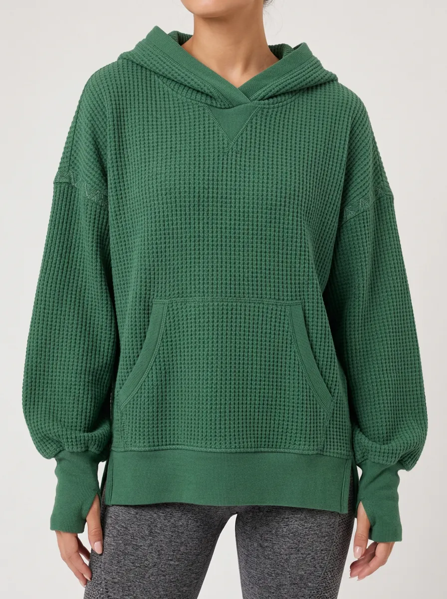 Women's Green Waffle Knit Long Sleeve Hooded Top