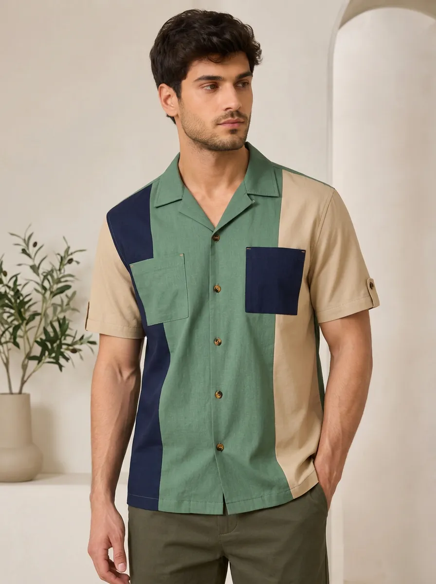 Men's Casual Niche Colorblock Patchwork Short Sleeve Shirt