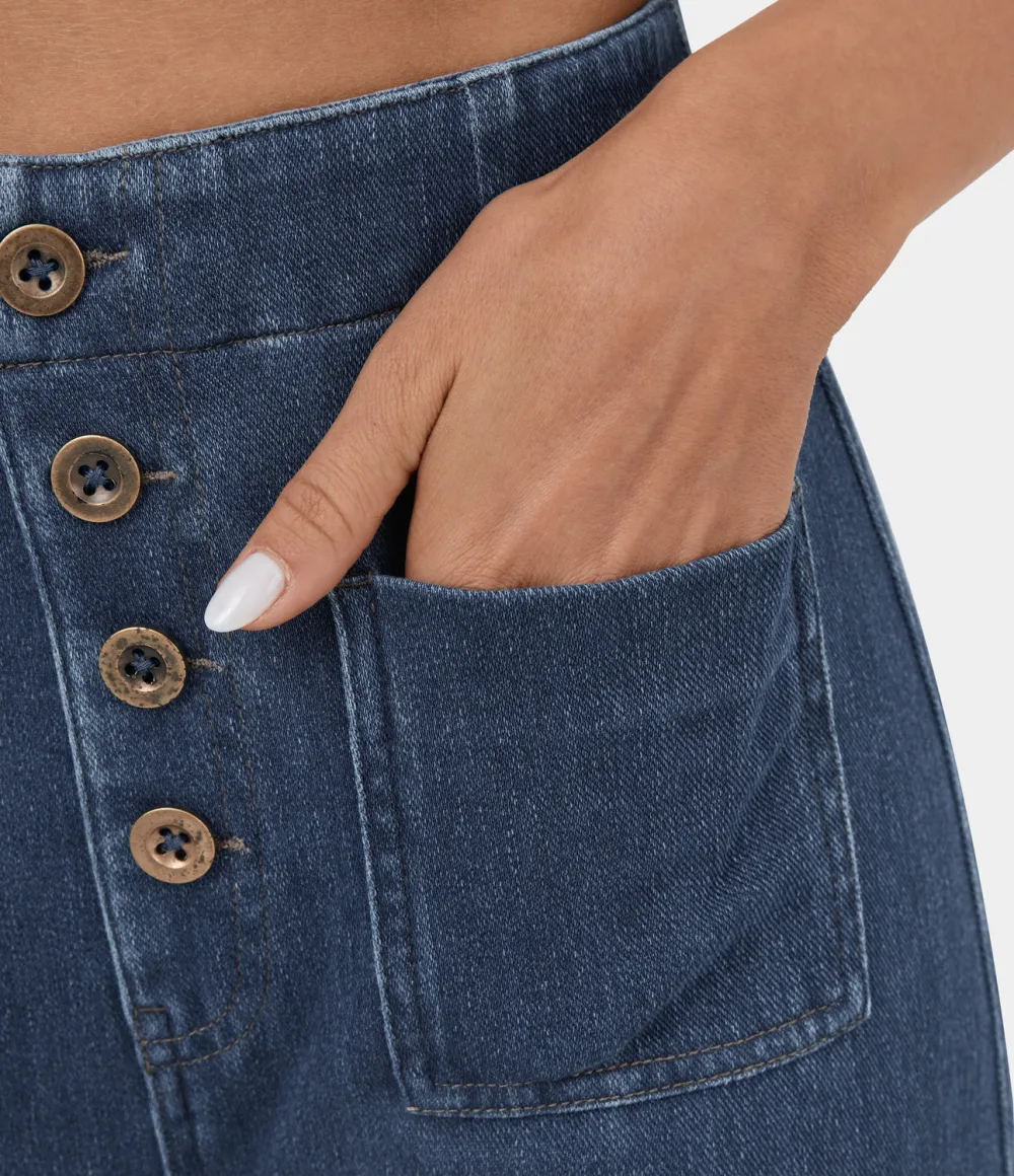 Magic High Waisted Button Pockets Washed Stretchy Knit Casual Wide Leg Jeans