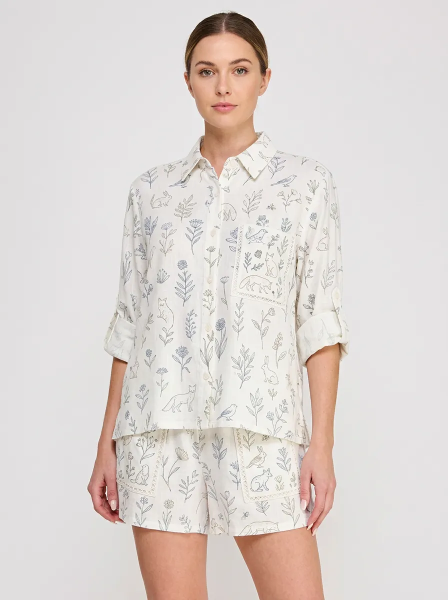 Women's Nature Lover Forest Animal Floral Printed Button-up Shirt