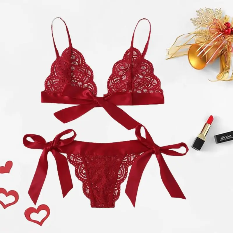 Satin Bow Floral Lace Lingerie Set