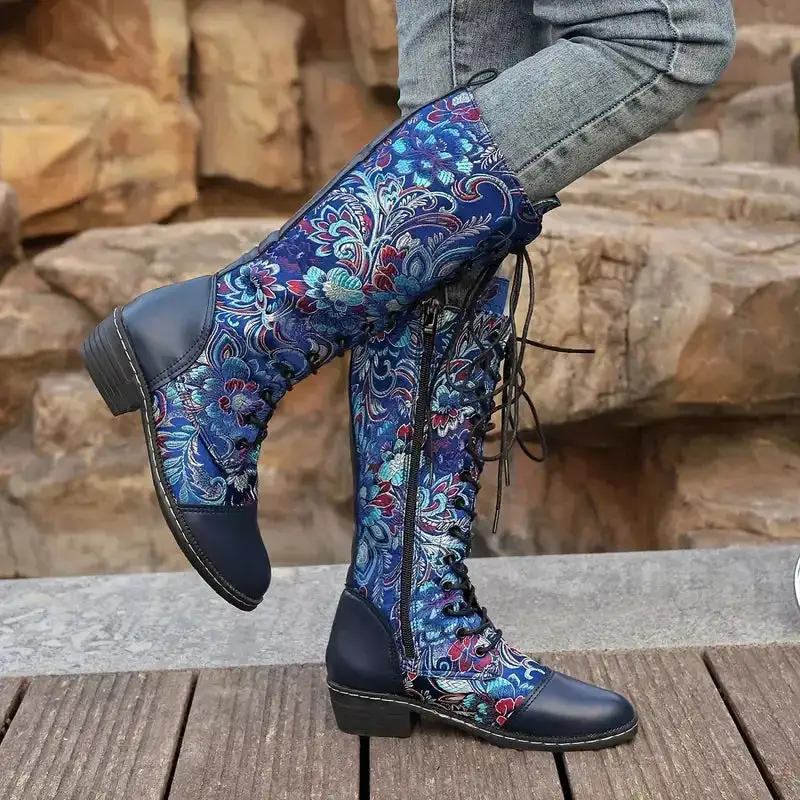 Embroidered Lace Up Knee High Boots