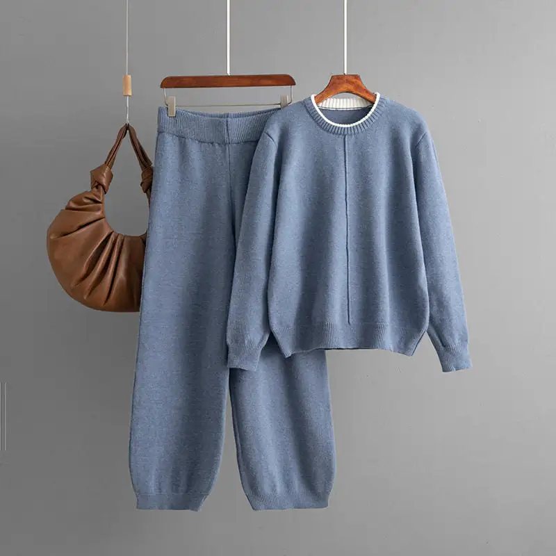 Structured Contrast Color Loose Sweater Pants Set