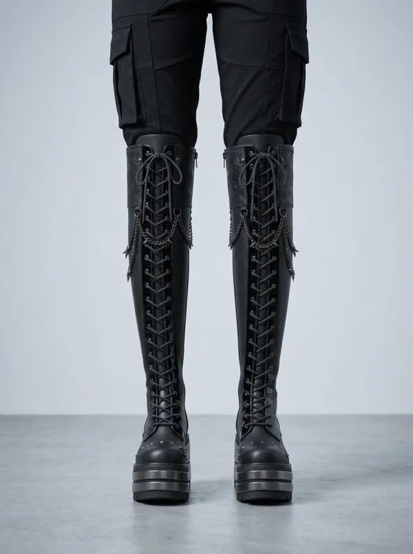 Ritual-Inspired Skull Chain Embossed Street Look Women's Gothic Platform Boots