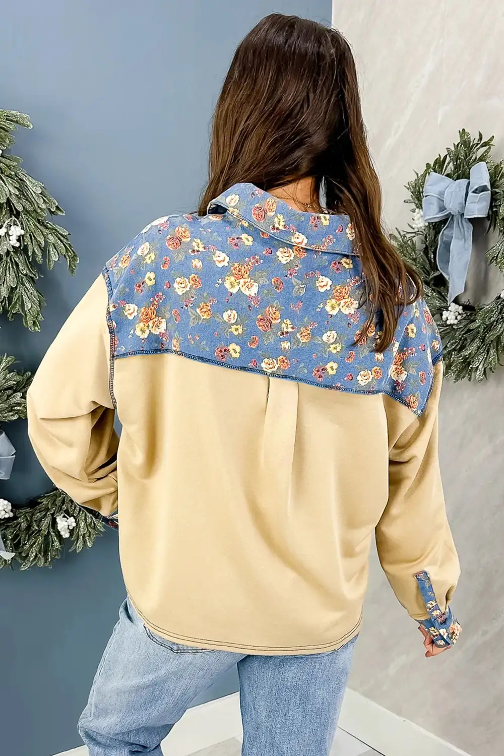 Floral Print V Neck Denim Accent Relaxed Cotton Blend Long Sleeve Top