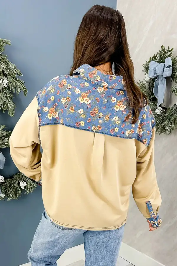 Floral Print V Neck Denim Accent Relaxed Cotton Blend Long Sleeve Top