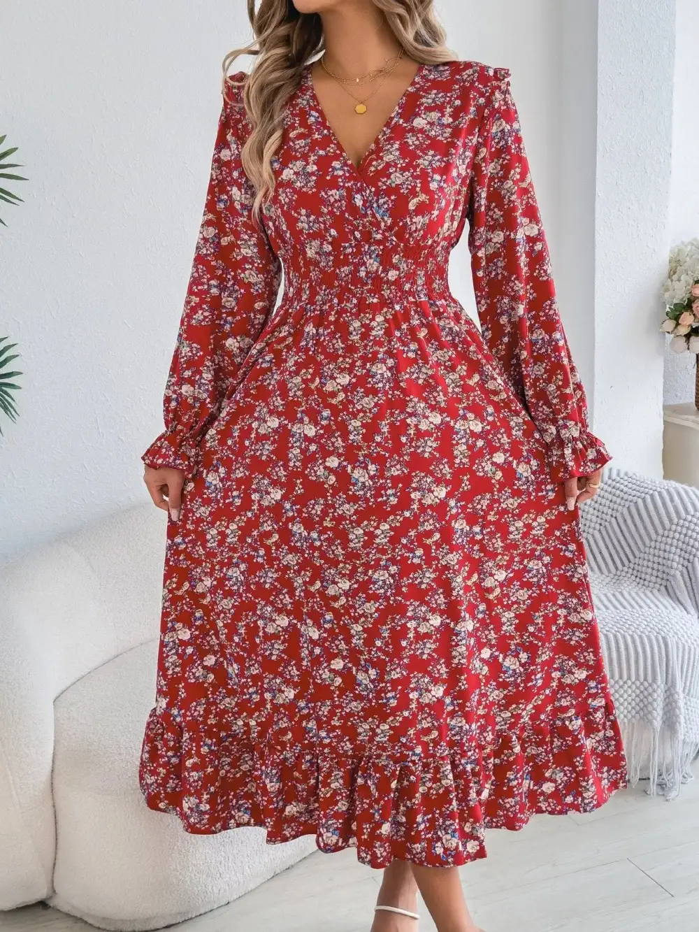 Clean Line Floral V Neck Ruffle Dress