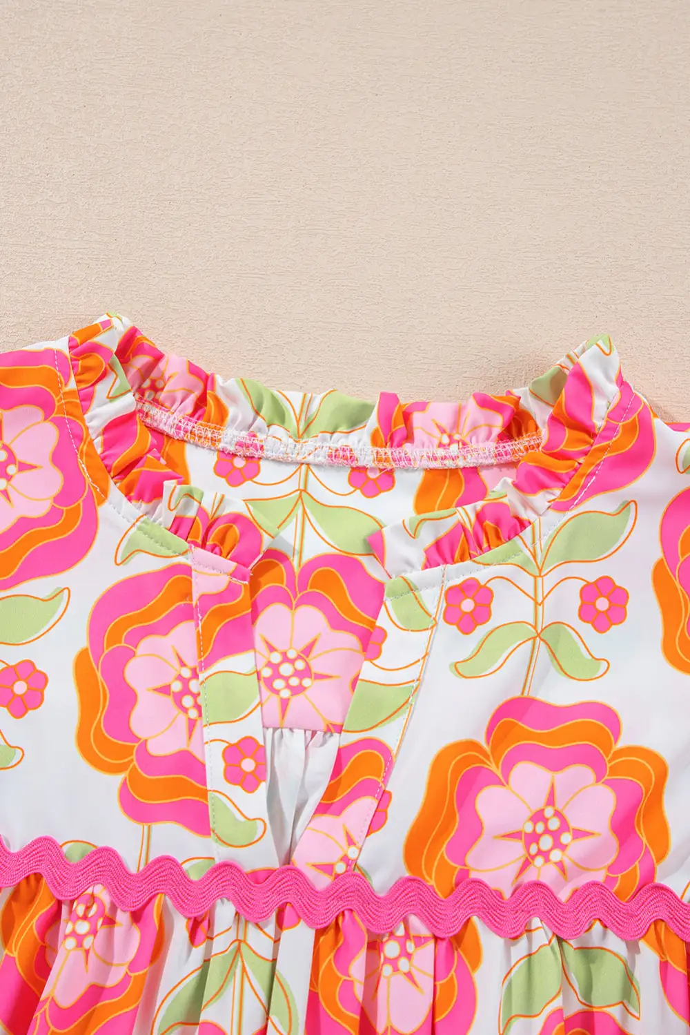 Rose Floral Ruffled Sleeve  Trim Split Neck Loose Blouse