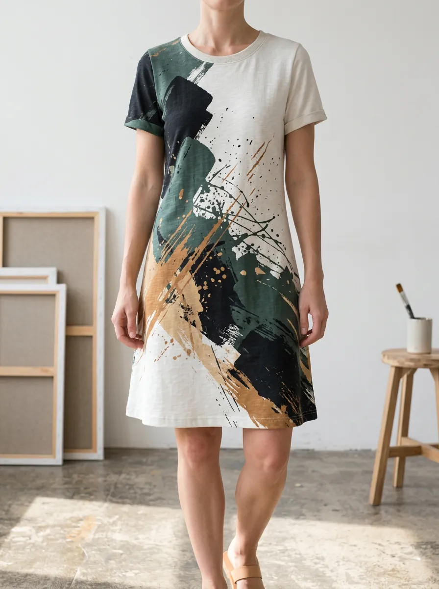 Women's Crew Neck Abstract Print T-Shirt Dress