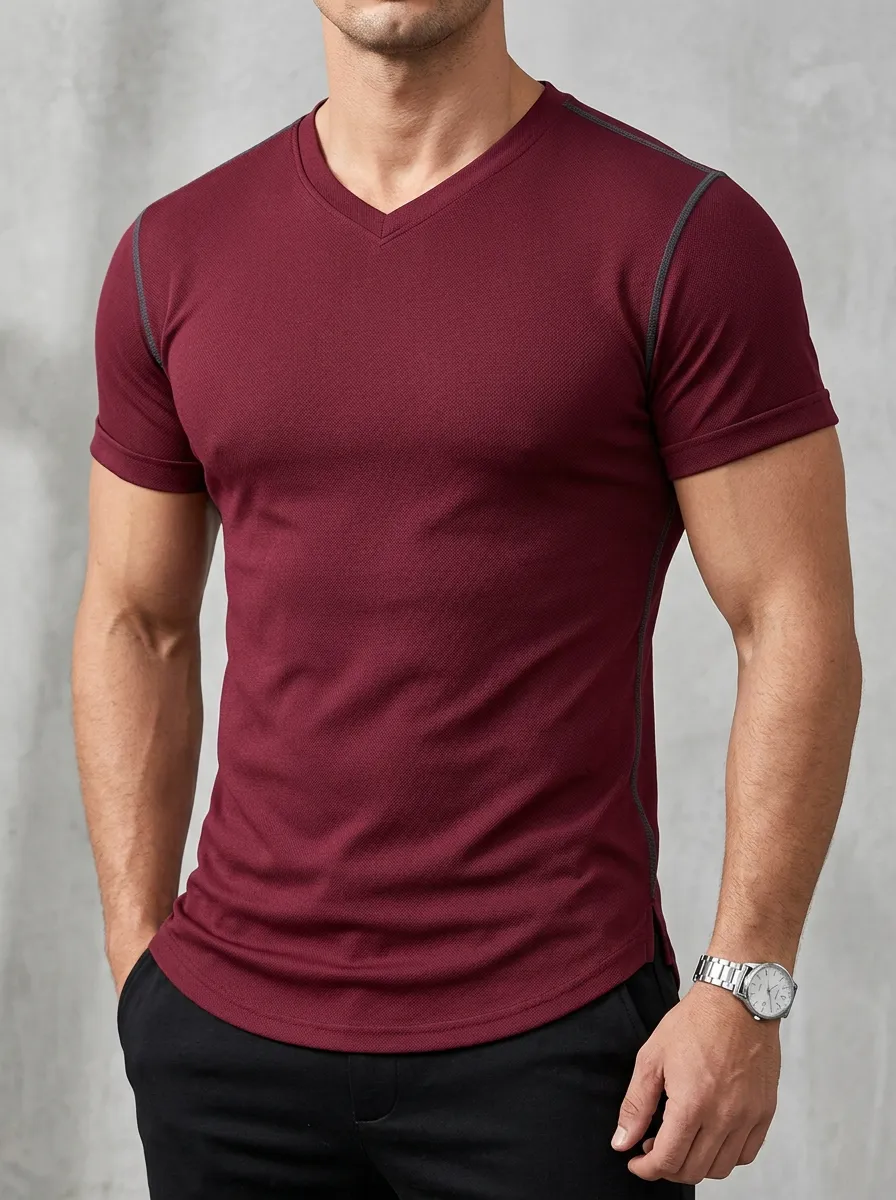 Classic Textured Curved Hem V-Neck Detail Men's Slim Fit Short Sleeve T-Shirt