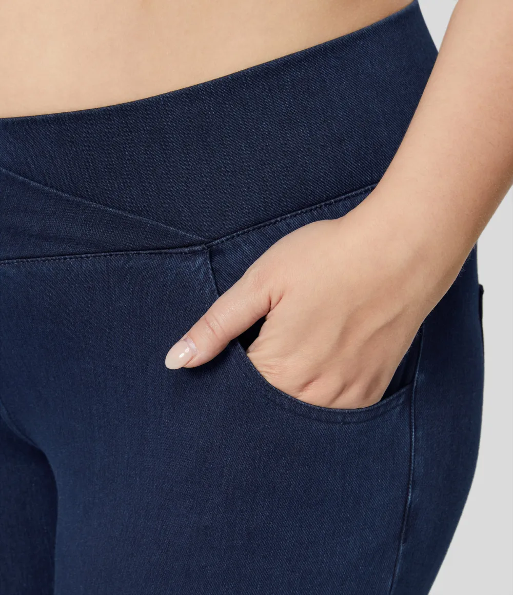 Magic High Waisted Crossover Multiple Pockets Stretchy Knit Denim 7/8 Plus Size Work Leggings