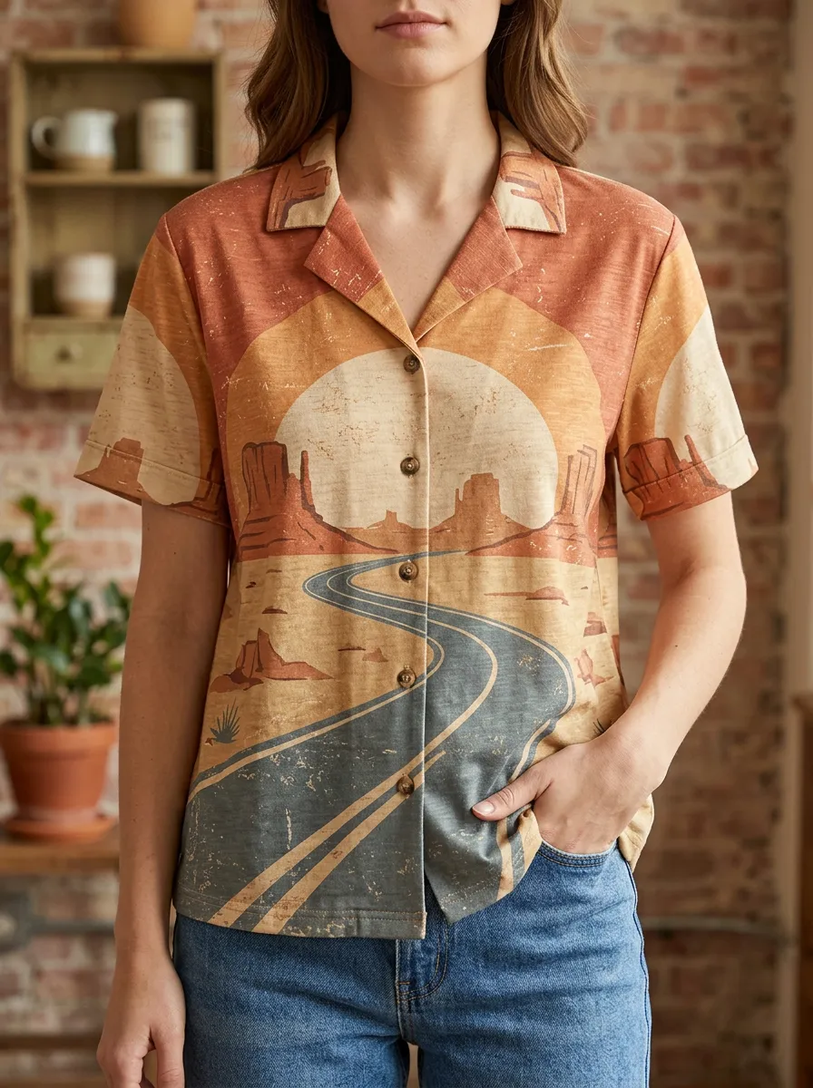 Women's Desert Road Sunset Landscape Printed Shirt