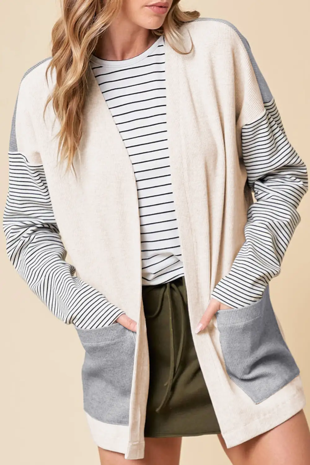 Striped Pocketed Open Front Cardigan