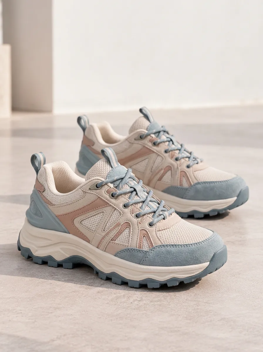 Women's Blue Beige Color Block Mesh Walking Sneakers with Relaxed Adventure Style