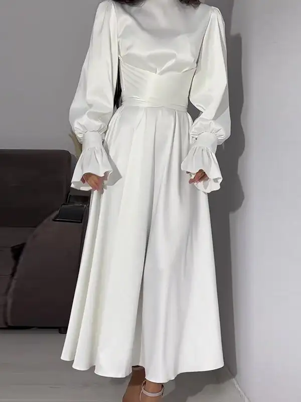 Sleeves Color Pleated Long Neck Maxi Dress