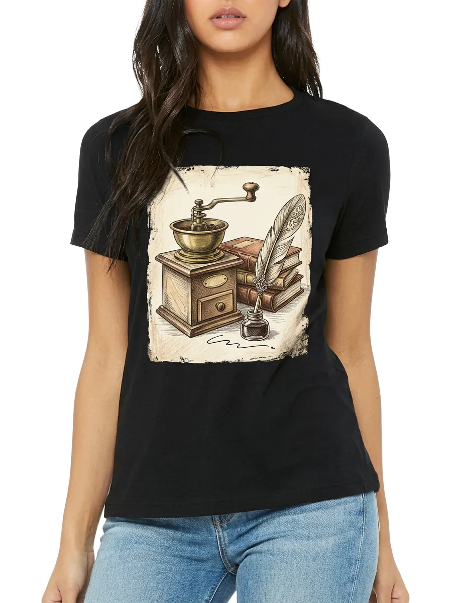 Women's Coffee Writer Lover Vintage Grinder Quill Books Printed T-Shirt