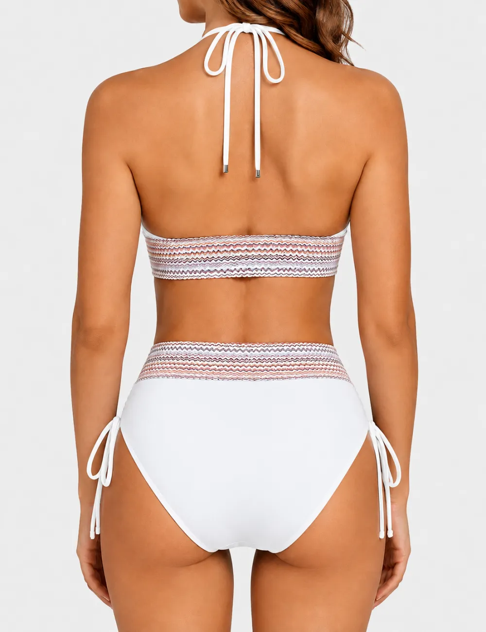 Deep V Neck Colorful Zigzag Smocked Trim Bikini Set