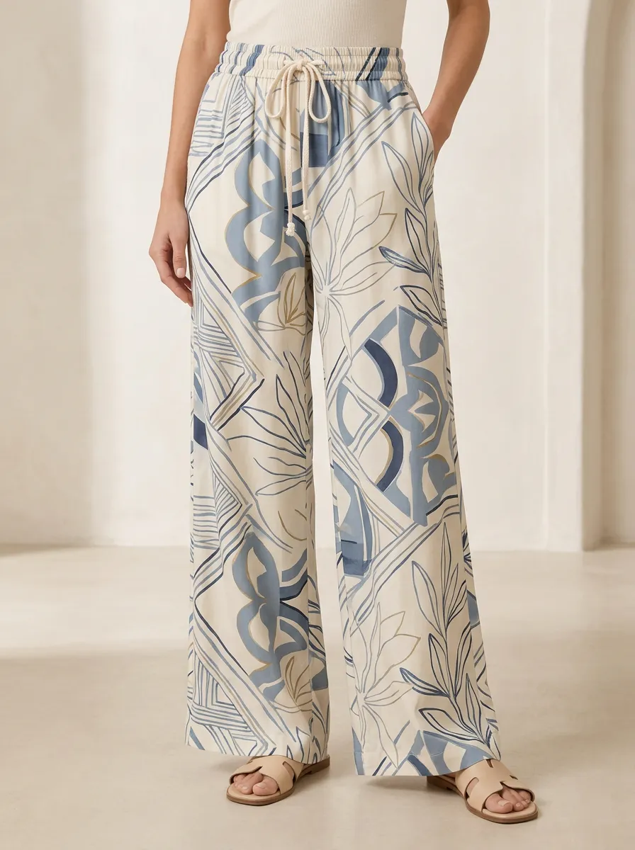 Women's Floral Geometric Breezy Printed Wide Leg Pants