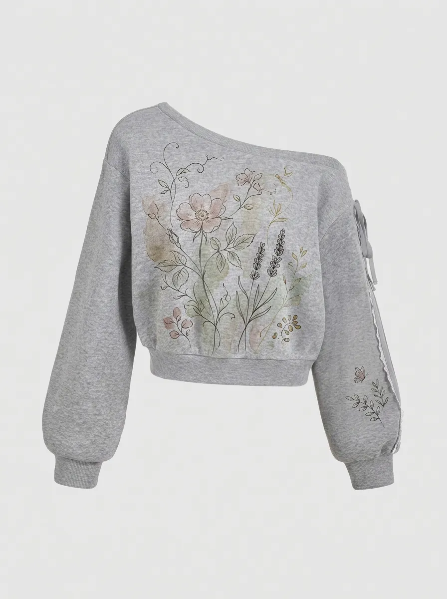 Women's Botanical Floral Butterfly Printed Off-shoulder Sweatshirt