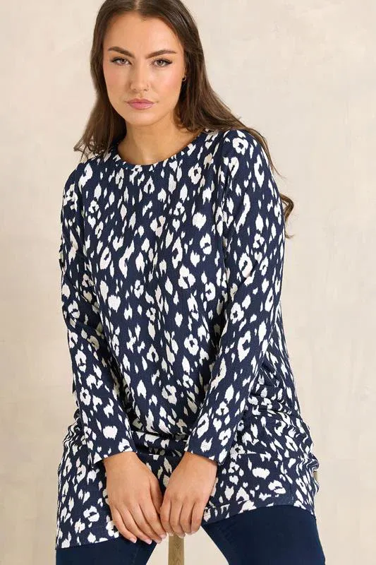 Navy Blue Animal Print Front Pocket Tunic Top