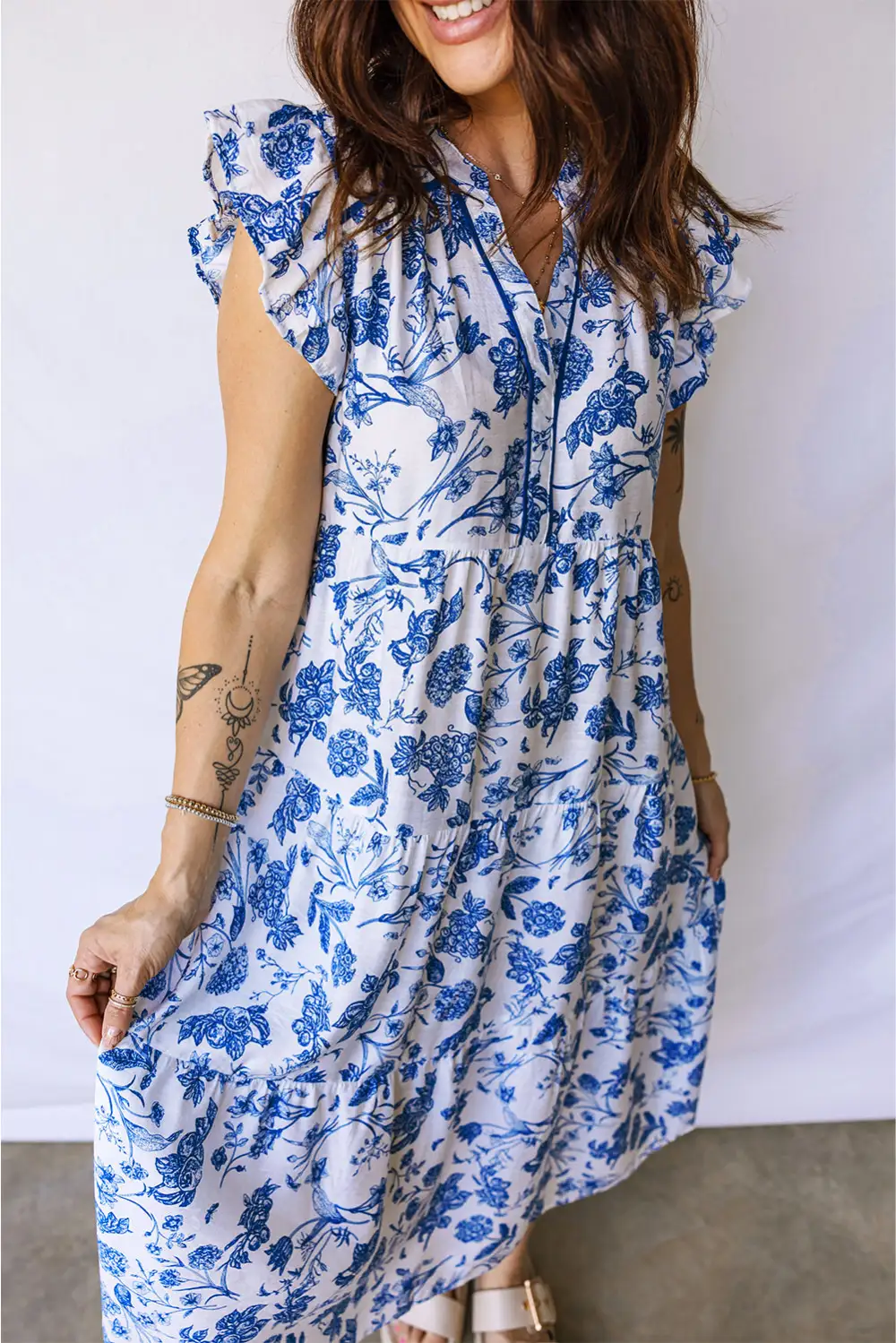 Polished Detail Floral Ruffle Tiered Midi Dress