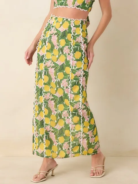 Yellow Lemon Print Maxi Skirt