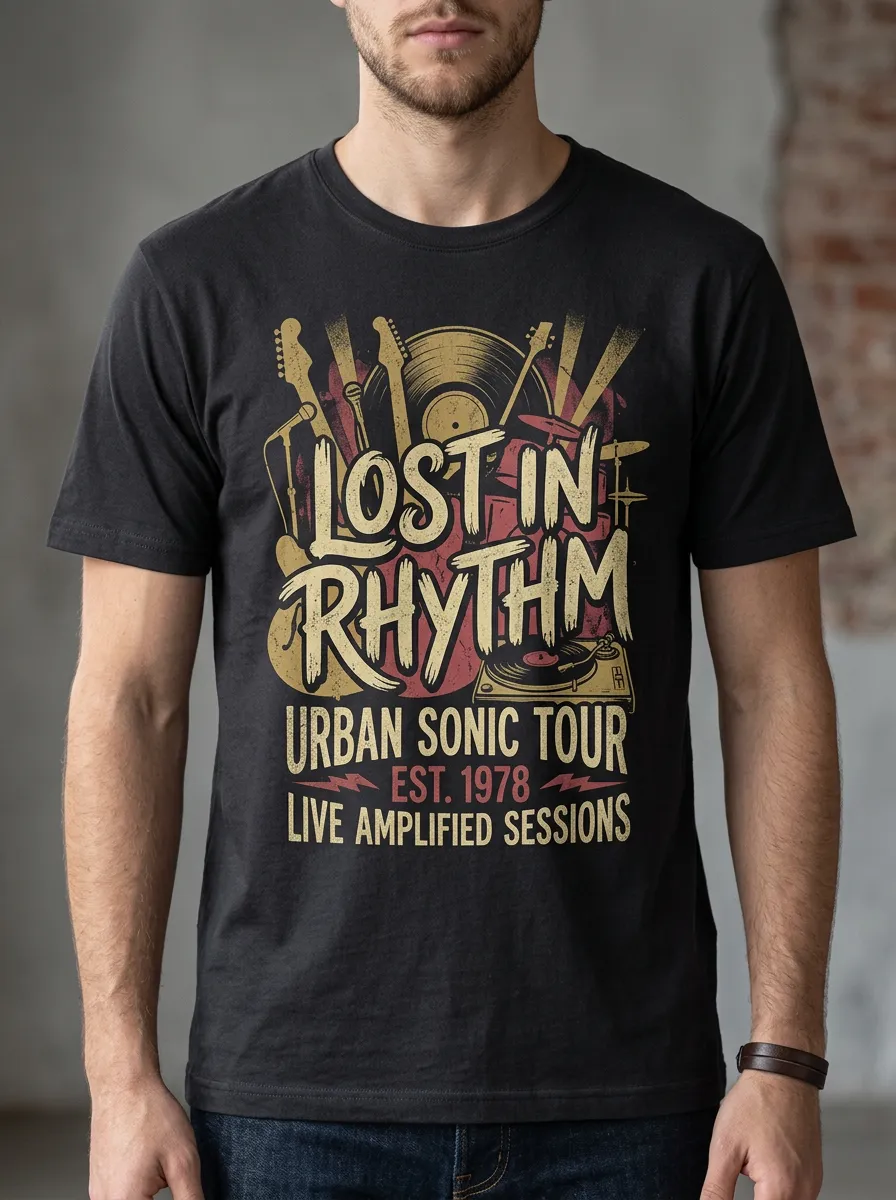 Men's Music Lover Lost In Rhythm Vinyl Guitar Printed T-shirt
