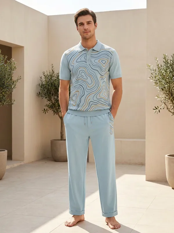 Men's Abstract Topographic Line Printed Casual Set Everyday Design