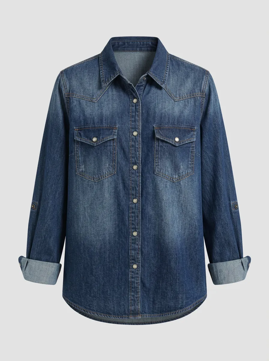 Women's Button Down Shirt Western Style Washed Denim