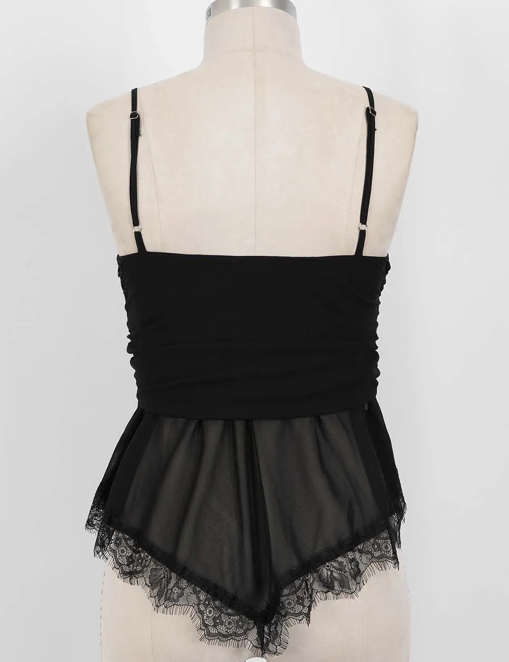 Sheer Mesh Lace Hem Spaghetti Strap Cami Top