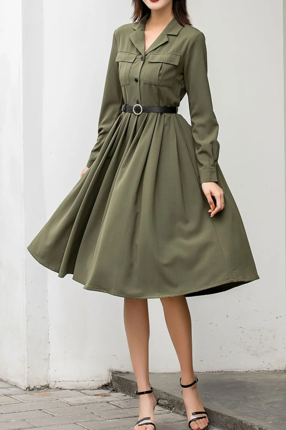 Refined Polyester Shirt Pleated Long Sleeve Midi Dress