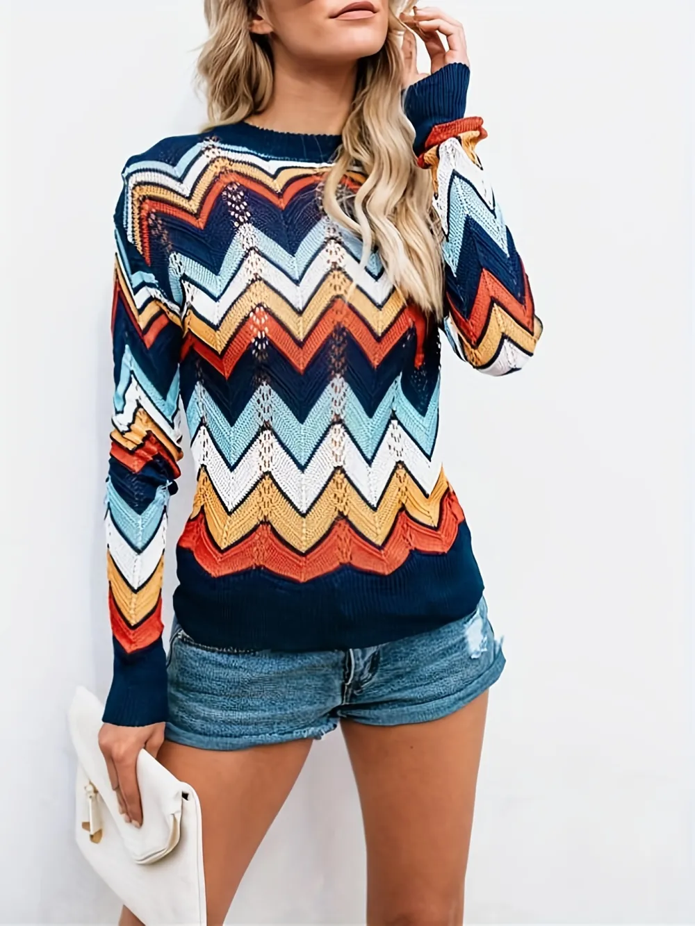 Striped Crew Neck Pullover Sweater Casual Long