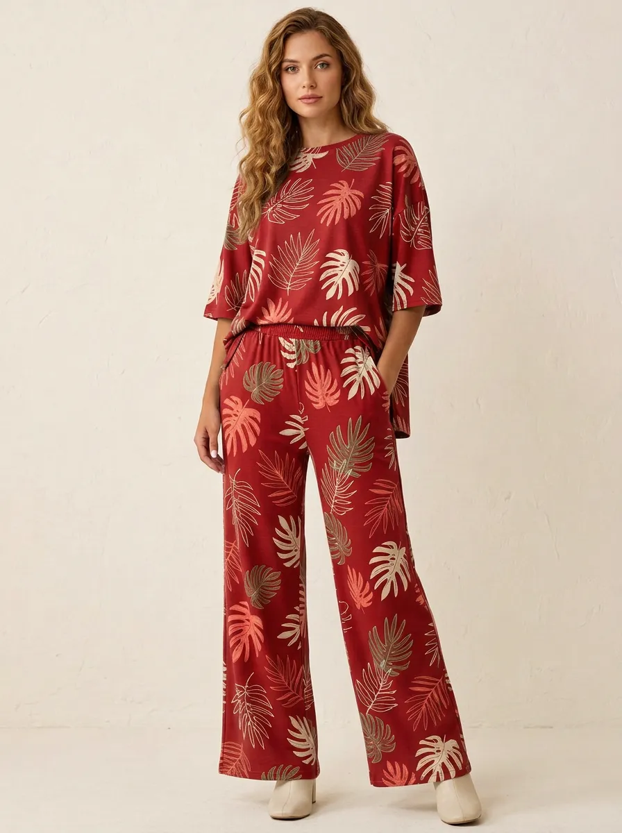 Women's Tropical Leaf Print Drop-Shoulder Top And Straight-Leg Trouser Lounge Set