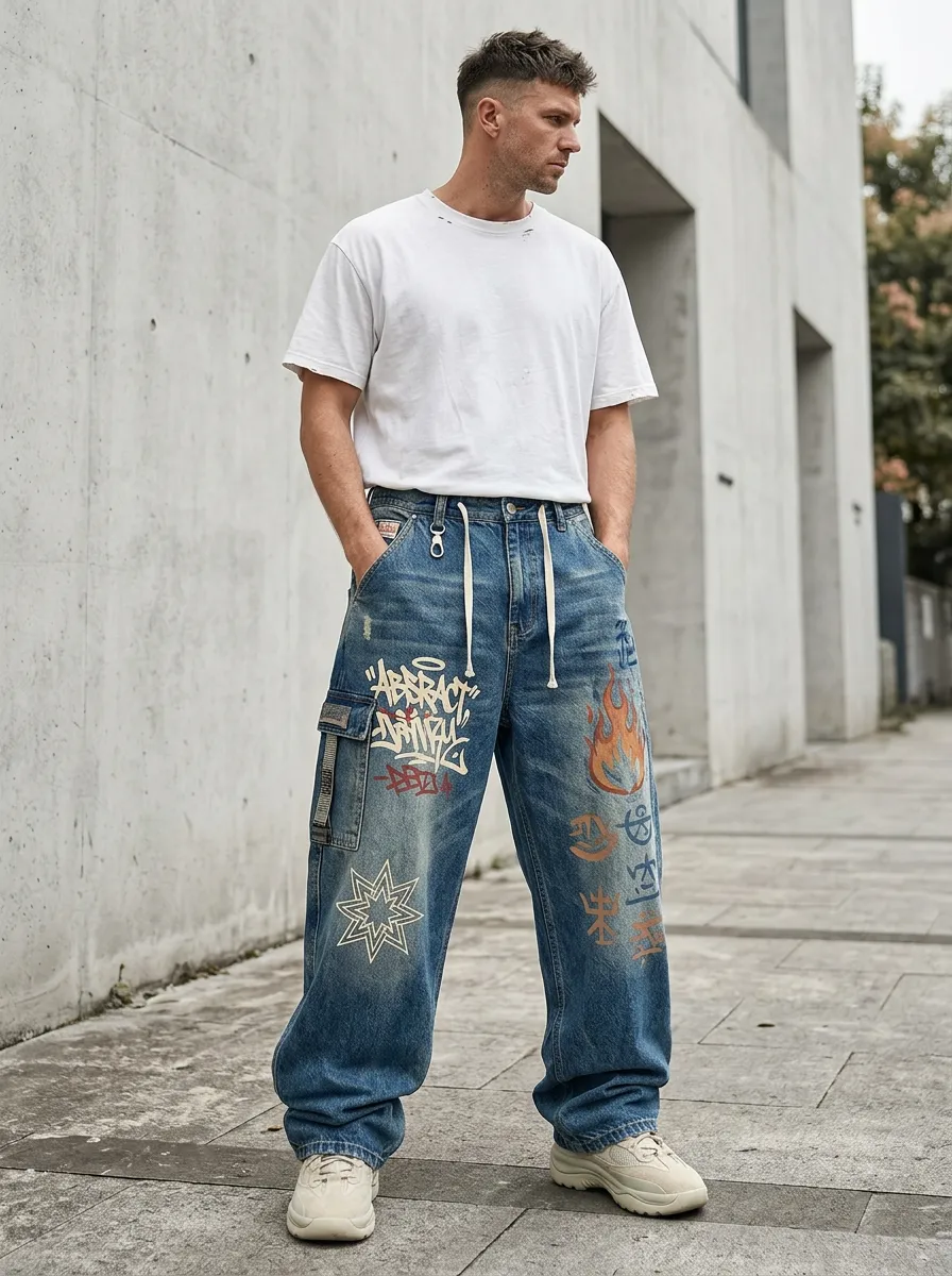 Unisex Streetwear Graffiti Star Flame Baggy Jeans