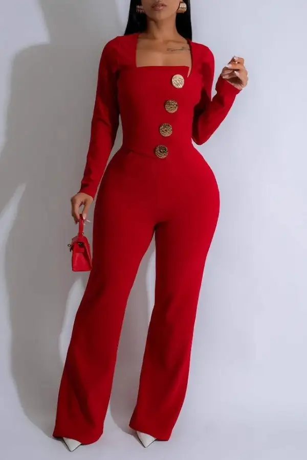 Button-Front Collared Square Neck Jumpsuit