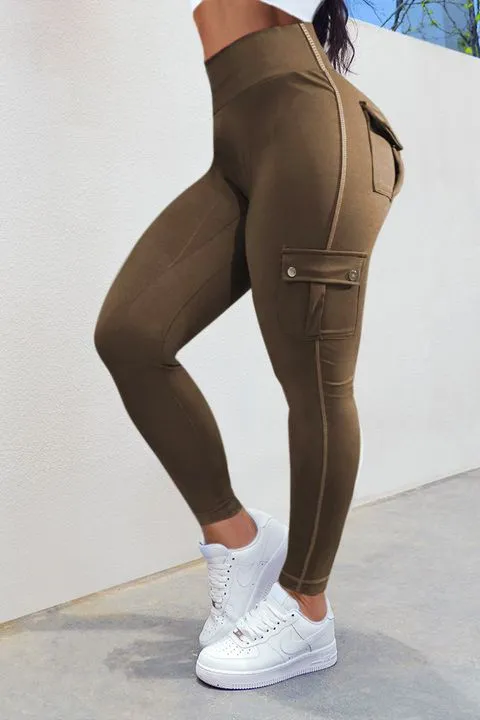 Solid Flap Pocket High Waist Leggings