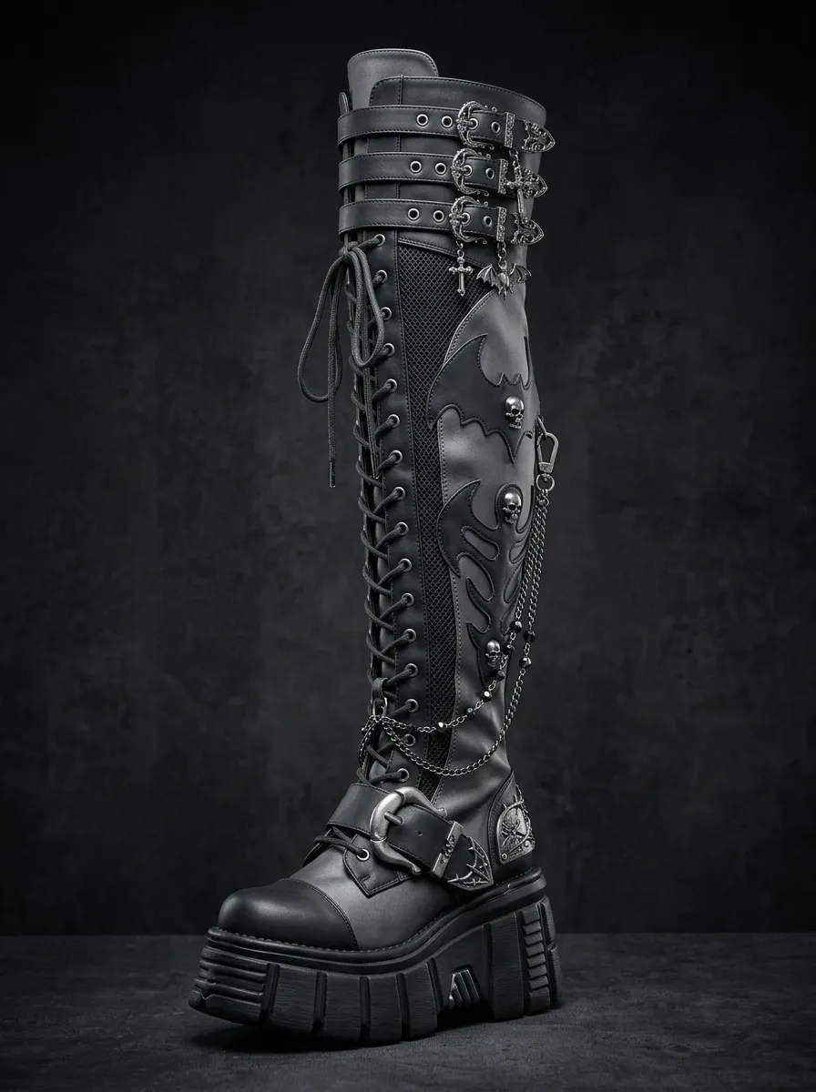 Ritual-Inspired Skull Bat Collection Women's Gothic Platform Knee High Boots