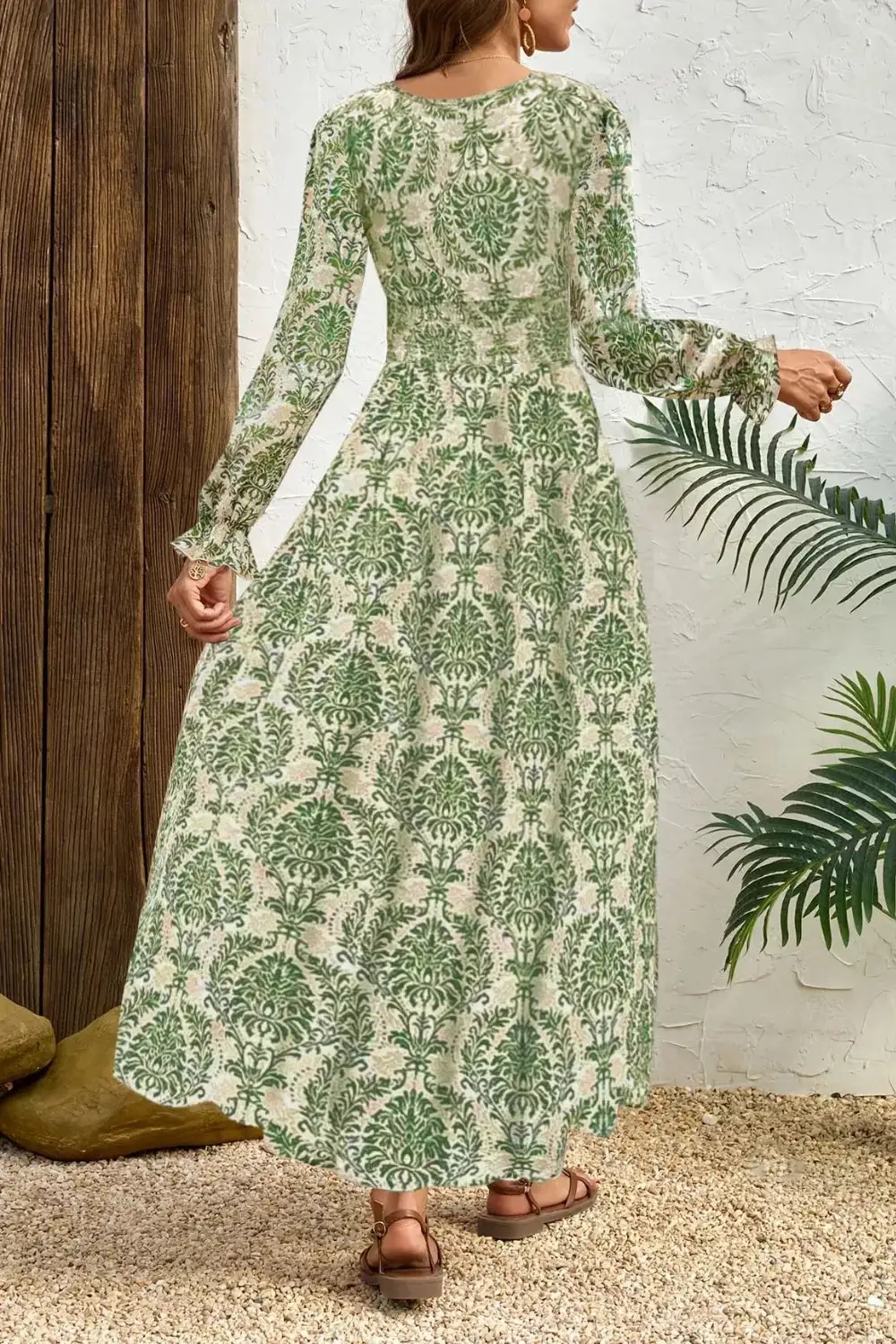 Printed V Neck Long Sleeve Maxi Dress