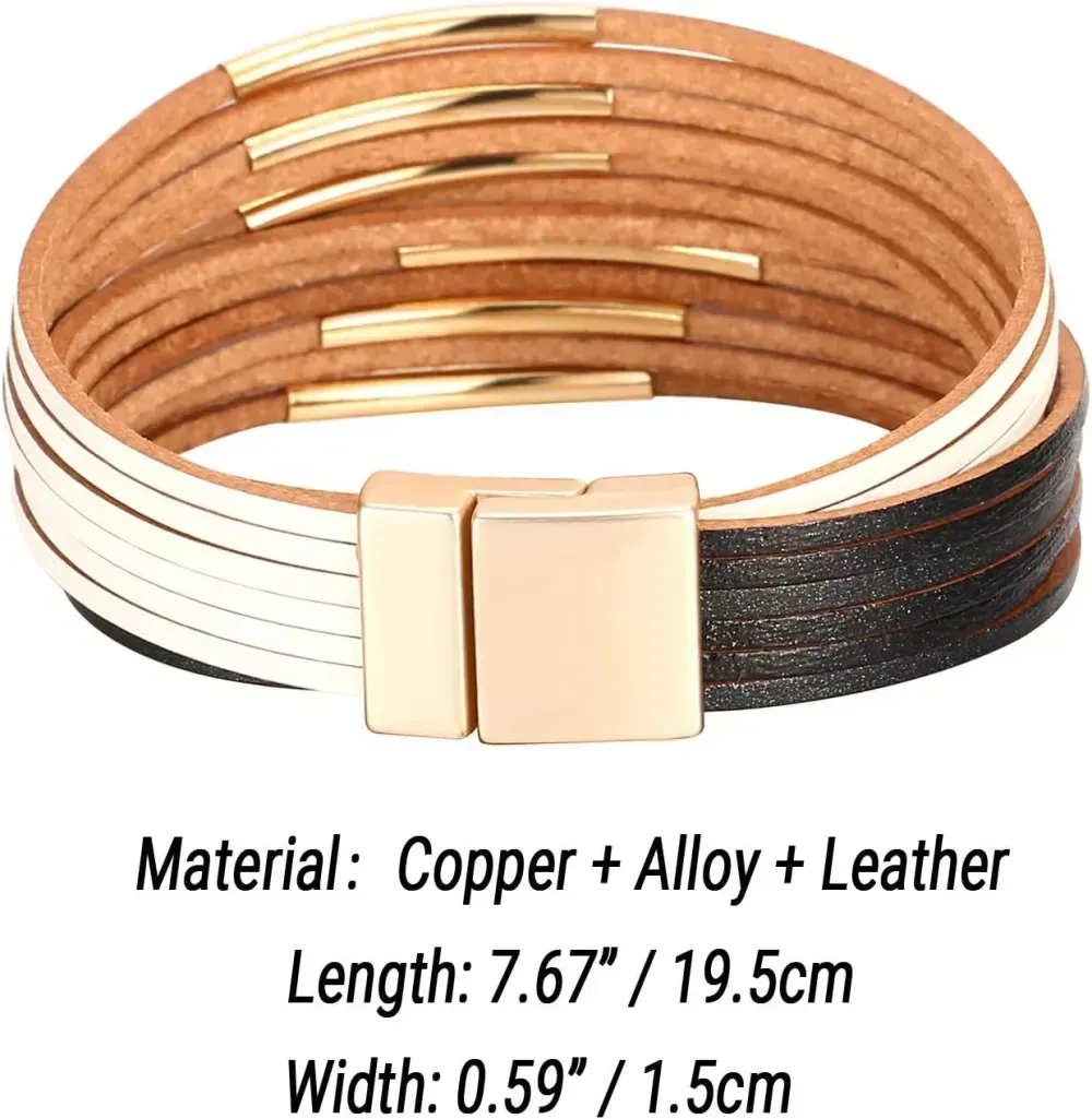 Fesciory Leather Wrap Bracelets for Women, Boho Leopard Multi-Layer Crystal Beads Cuff Bracelet Jewelry