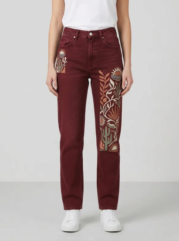 Women's Boho Desert Cactus Sun Printed Straight Leg Jeans