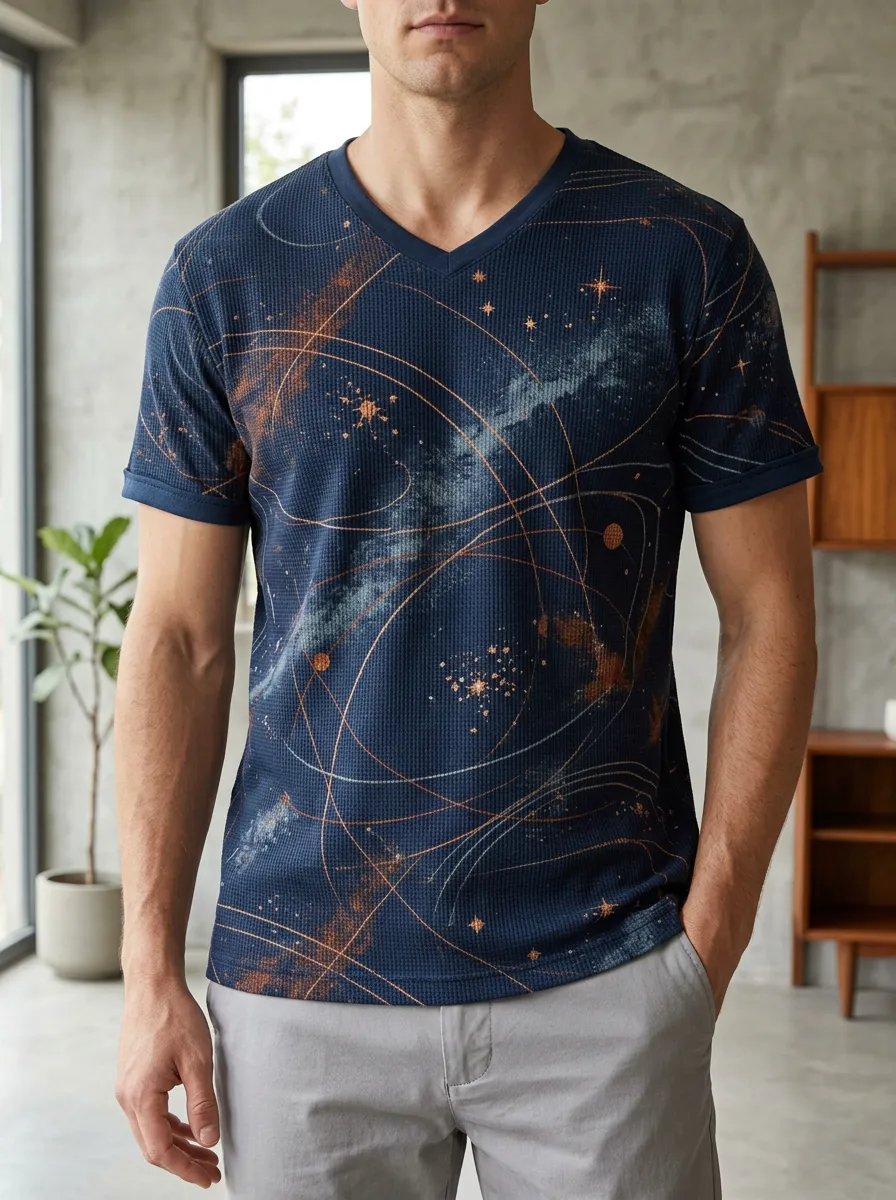 Men's Stellar Astronomy Lover Galaxy Orbit V-Neck T-Shirt