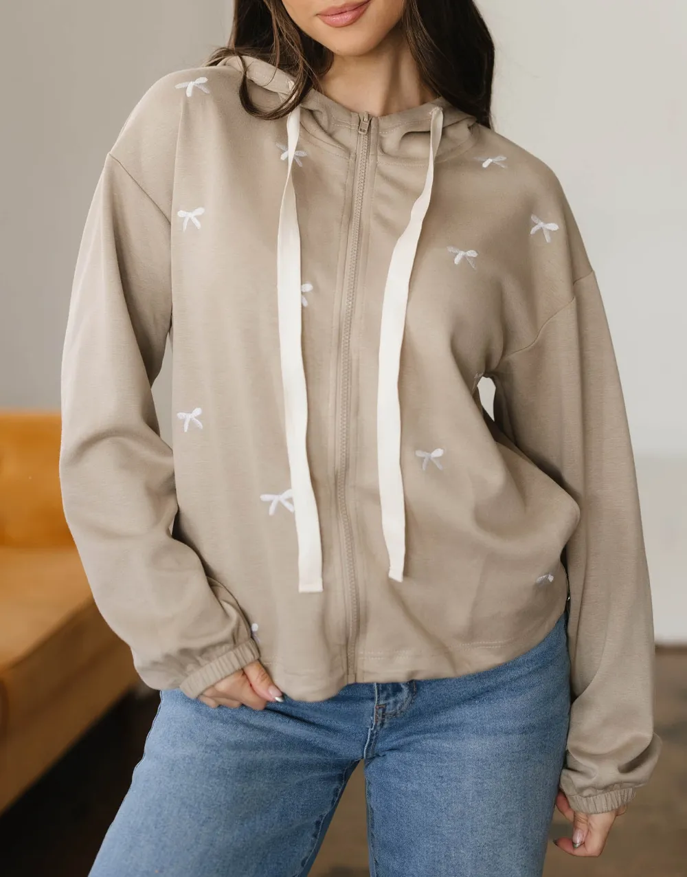 Women's Contrast Bow Embroidered Zip Up Jacket Hoodie