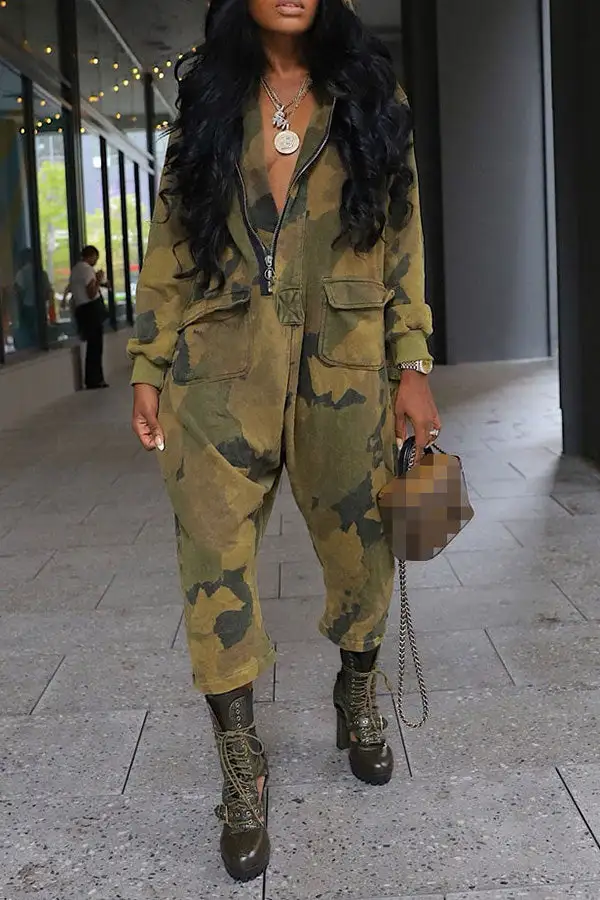 Camo Hooded Zip-Front Pocket Jumpsuit