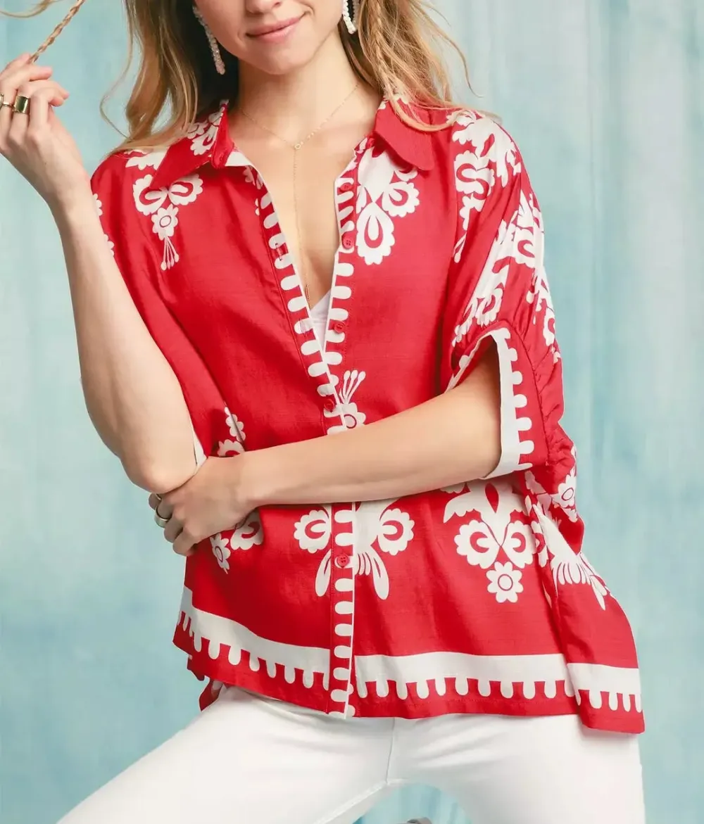 Abstract Folk Art Print Button-Down Shirt